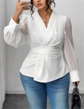 Women's Fashion White Long-Sleeve Slim Waist Plus Size Shirt