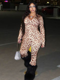 Fall-Winter Women's Leopard Print Bell Bottom Zipper Jumpsuit