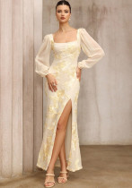 Fall Women's Fashion Embroidered Square Neck Slit Formal Party Dress