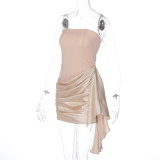 Fall Women's Chic Satin Patchwork Strapless Ruffle Bodycon Dress