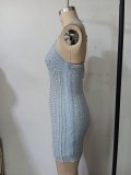 Fashion Women's Party Club Style Mesh Beaded Rhinestone Strap Bodycon Dress