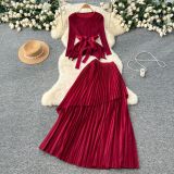 Women's Ruffle Tie Waist Asymmetric Hem Pleated Top Skirt Set