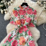 Women's Retro Stand Collar Button-Down Slim Fit Short Sleeve Lace Crochet Long Dress