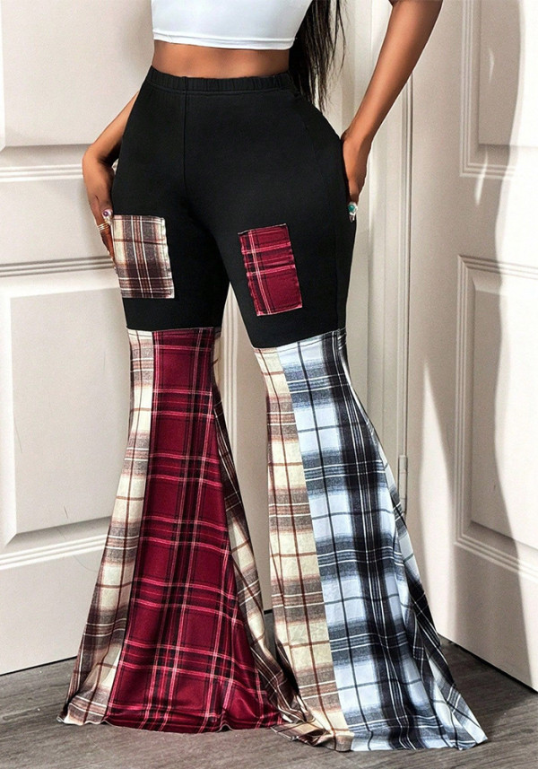 Spring-Fall Women's High-Waist Patchwork Print Bell Bottom Casual Pants
