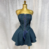 Summer Sexy Fashion Strapless Lace-Up Denim Cargo Wide-Leg Shorts Jumpsuit