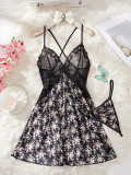 Women's Lace Floral Print Sexy Strap Nightdress with Panty