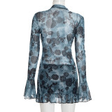 Fall Women's Printed Mesh Halter Neck Lace-Up Long-Sleeve Short Dress