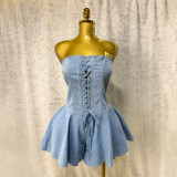 Summer Sexy Fashion Strapless Lace-Up Denim Cargo Wide-Leg Shorts Jumpsuit