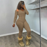 Fall-Winter Women's Ribbed Halter Neck U-Neck Three-Piece Pants Set