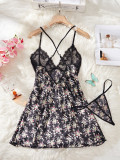 Women's Lace Floral Print Sexy Strap Nightdress with Panty