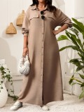 Women's Casual Solid Color Button-Down Long-Sleeve Plus Size Dress