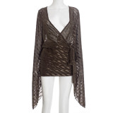 Fall Women's Fashion Wave Pattern Sexy Deep V-Neck Bell Sleeve Bodycon Dress