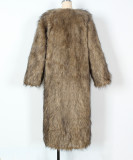 Fall-Winter Women's Fashion V-Neck Long Faux Fur Warm Plush Coat