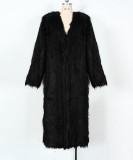 Fall-Winter Women's Fashion V-Neck Long Faux Fur Warm Plush Coat