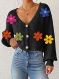 Fall-Winter Women's Embroidered Multi-Color Floral Patchwork Cardigan
