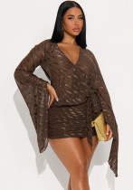 Fall Women's Fashion Wave Pattern Sexy Deep V-Neck Bell Sleeve Bodycon Dress