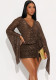 Fall Women's Fashion Wave Pattern Sexy Deep V-Neck Bell Sleeve Bodycon Dress