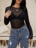 Spring-Fall Solid Color See-Through Fashion Sexy Leopard Print Women's Top