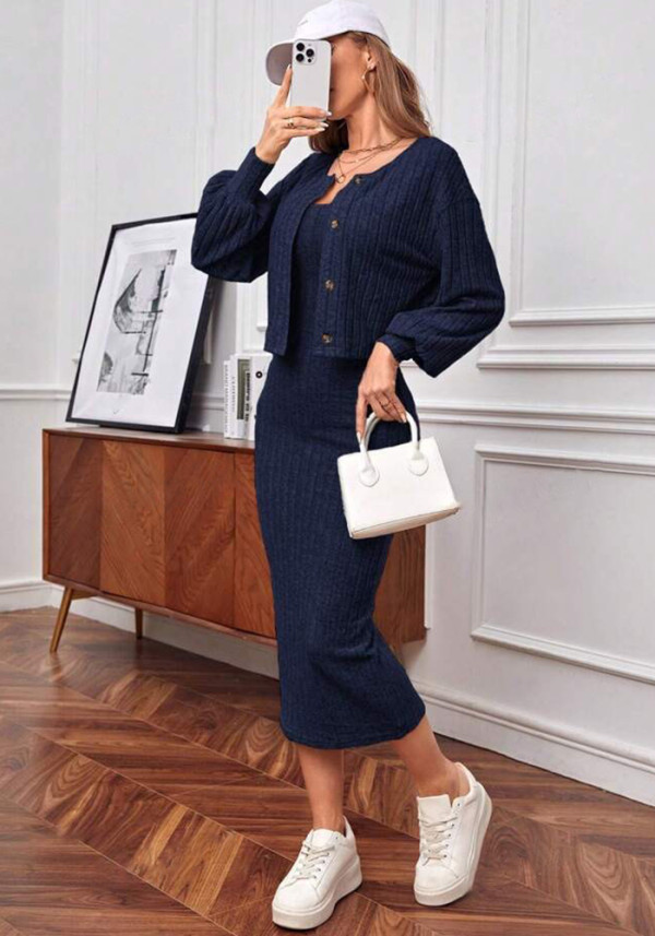 Fall Comfortable Casual Ribbed Coat Dress Two-Piece Set