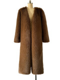 Fall-Winter Women's Fashion V-Neck Long Faux Fur Warm Plush Coat