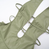 Fall Women's Sexy Faux Leather Metal Decor Halter Neck Low Back Dress