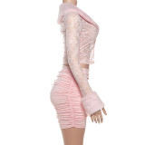 Fall-Winter Women's Sexy Plush Patchwork Lace Long-Sleeve Ruffled Skirt Set
