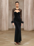 Fashion Plaid Semi-See-Through Mesh Top Velvet Strapless Gown Two-Piece Set