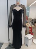 Fashion Plaid Semi-See-Through Mesh Top Velvet Strapless Gown Two-Piece Set