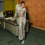 Women Autumn/Winter Snake Print Sexy Round Ring Long-Sleeved Hollow-Out Dress