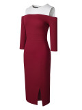 Women Spring/Autumn Color-Blocked Round Neck Off-Shoulder Slit Solid Bodycon Dress