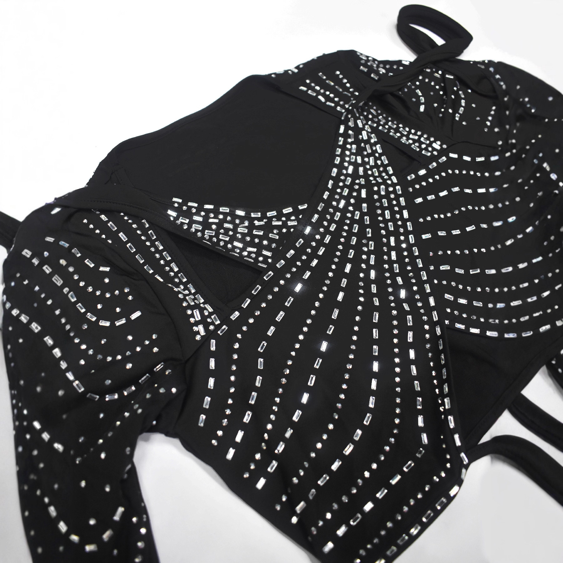 Women autumn rhinestone hollow-out sexy long-sleeved top and pant set