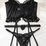 Women Sexy Mesh Ruffled Neck Lace-Up Long-Sleeved Top and Pants Two-Piece Set