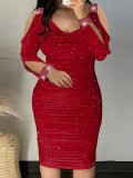 Women Elegant Gathered Beaded V-Neck Bodycon Dress