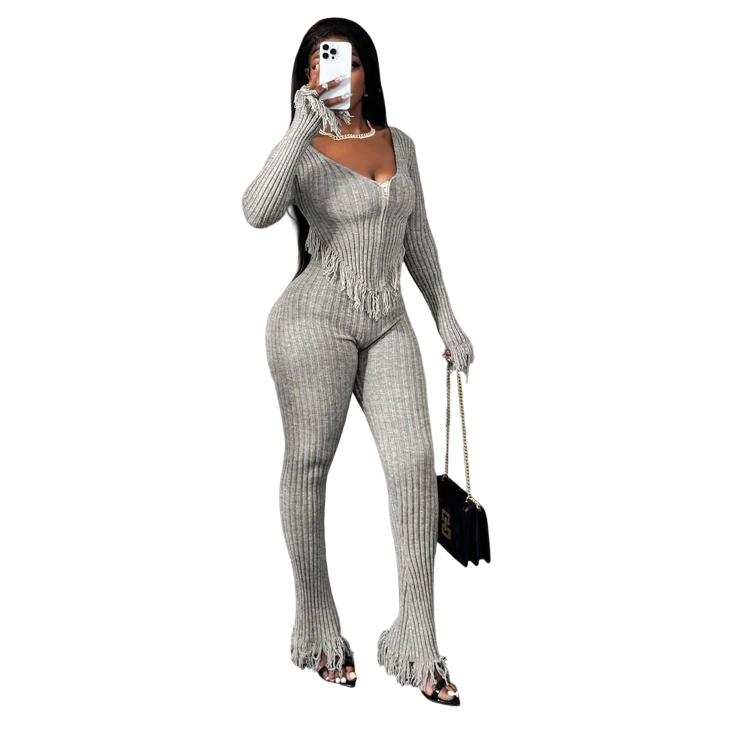 Women sexy knitting crochet casual top and pant set