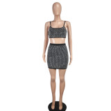 Women rhinestone suspender top and skirt set