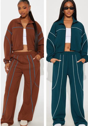 Women Casual Striped Color-Blocked Stand Collar Top and Pant Two-Piece Set