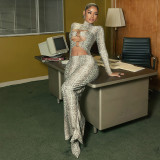 Women Autumn/Winter Snake Print Sexy Round Ring Long-Sleeved Hollow-Out Dress