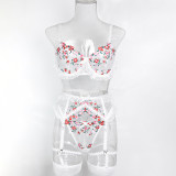 Women Lace Black Pu-Leather Bow Stretchy Halter Neck Lingerie Two-Piece Set