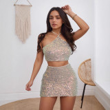 Women Halter Neck sequined sexy sleeveless top and skirt set