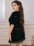 Women short-sleeved sequined round neck autumn bodycon dress