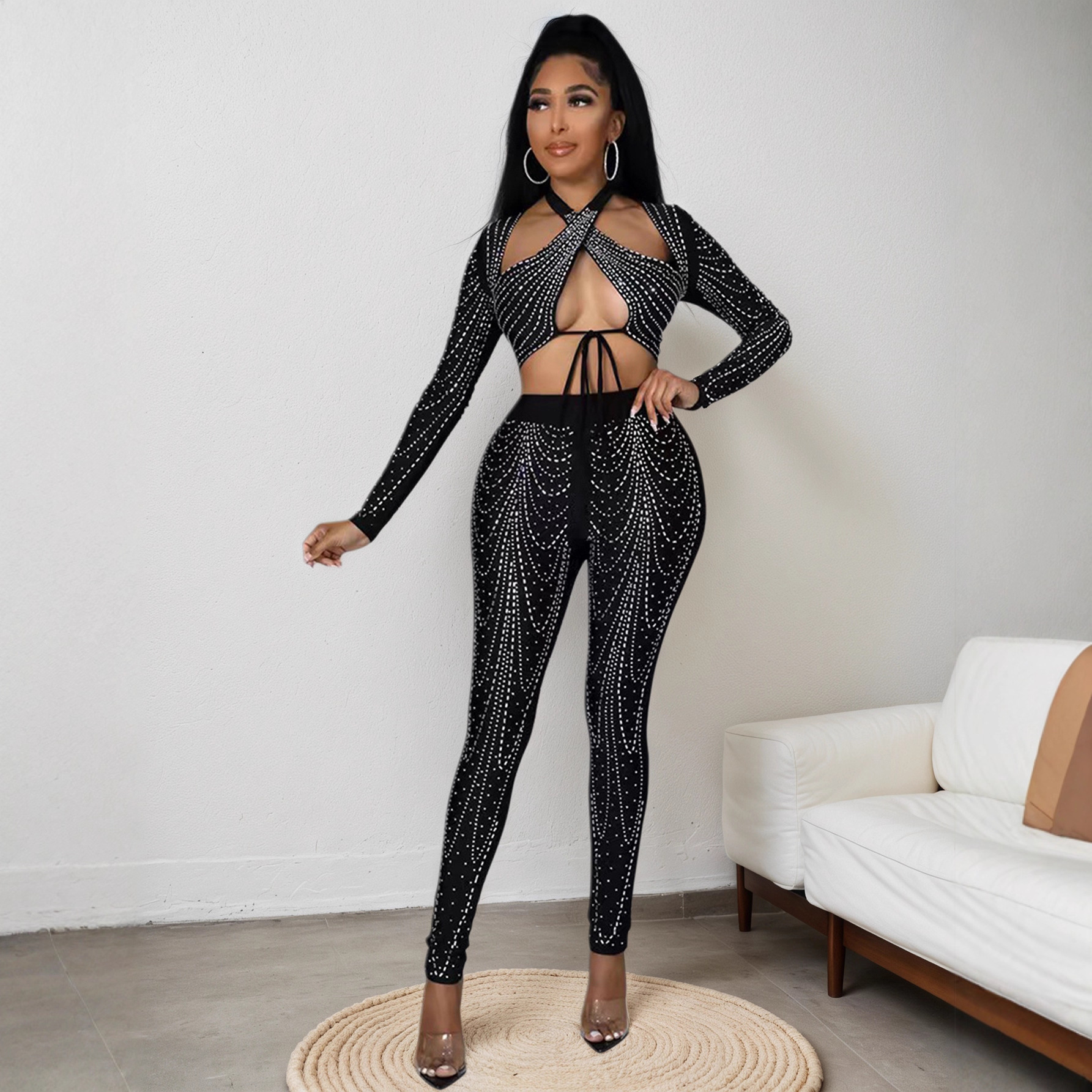 Women autumn rhinestone hollow-out sexy long-sleeved top and pant set
