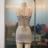 Women Sequined Drawstring Fishbone Strapless Top Women two-piece set with slit skirt