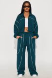 Women Casual Striped Color-Blocked Stand Collar Top and Pant Two-Piece Set