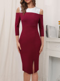 Women Spring/Autumn Color-Blocked Round Neck Off-Shoulder Slit Solid Bodycon Dress