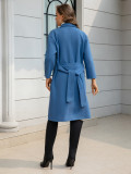 Women Autumn/Winter Blue Waist Maxi Wool Coat
