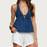 Women Sexy Halter Neck Tie-Waist V-Neck Denim Top