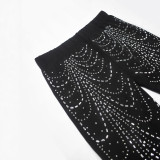 Women autumn rhinestone hollow-out sexy long-sleeved top and pant set