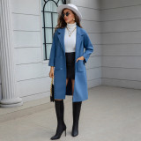 Women Autumn/Winter Blue Waist Maxi Wool Coat