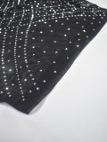 Women autumn rhinestone mesh sexy long-sleeved top and pant set