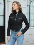 Women Black Stand Collar Zipper Irregular Jacket Autumn Top